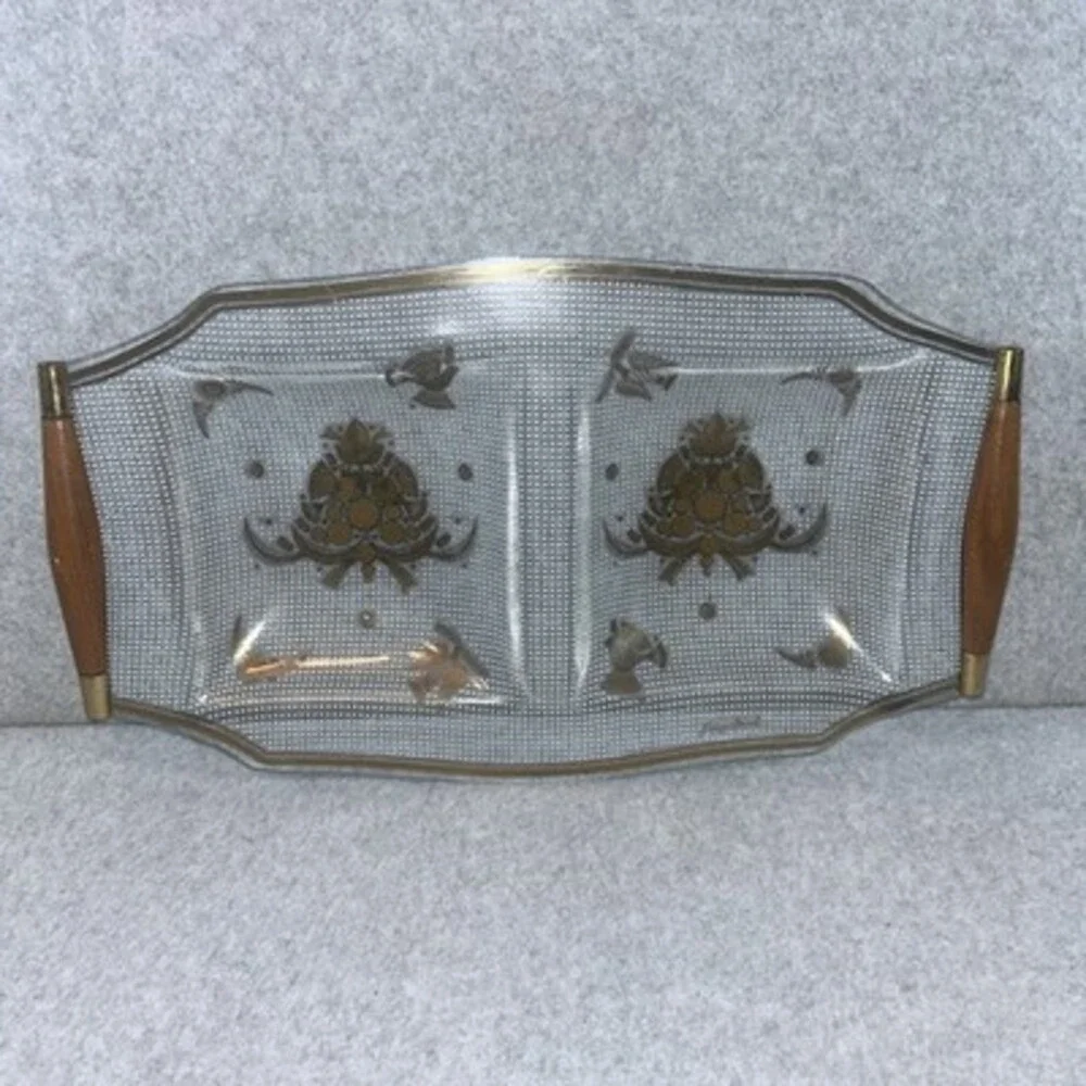 Georges Briard Gold Persian Garden Glass Double Serving Tray Signed 15”x 8”